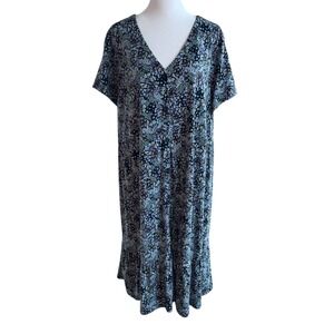 J Jill Floral Midi Dress Womens 2X Navy Button Front Tiered Cotton Modal